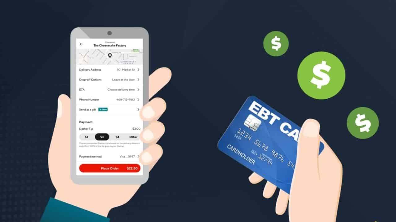 vector graphic showing a hand holding a smartphone running the instacart app and wondering can you use ebt on instacart orders